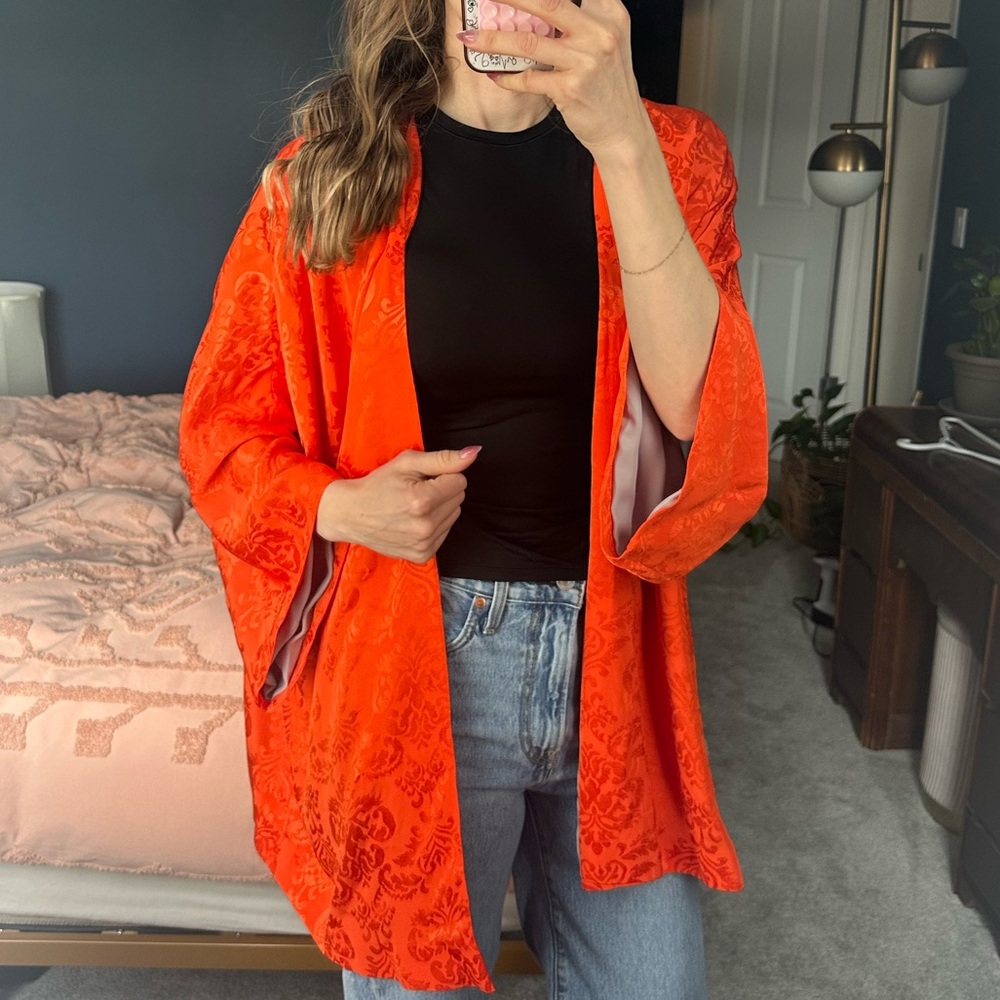 River Island Bold Orange satin jacquard kimono style Cover-Up